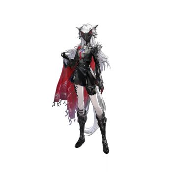 1girl animal_ears arknights arms_at_sides black_boots black_cape black_gloves black_jacket black_mask black_skirt black_theme boots cape cropped_jacket full_body gloves grey_socks high-waist_skirt highres huanxiang_heitu jacket knee_boots kneehighs lappland_(arknights) lappland_the_decadenza_(arknights) legs_apart long_hair long_sleeves looking_at_viewer mask masked material_growth necktie official_alternate_costume official_art open_mouth oripathy_lesion_(arknights) red_cape red_necktie shirt side_cape simple_background skirt socks solo square-end_necktie standing tachi-e tail third-party_source transparent_background turtleneck two-sided_cape two-sided_fabric white_hair white_shirt white_tail wolf_ears wolf_girl wolf_mask wolf_tail