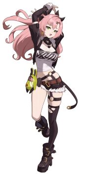 1girl :d absurdres amillion_(zenless_zone_zero) arms_up bangboo_(zenless_zone_zero) black_boots black_ribbon black_shorts black_thighhighs boots breasts cleavage collar commentary crop_top detached_sleeves earrings english_commentary full_body fur-trimmed_shorts fur_trim green_eyes hair_ornament hairclip heart heart_collar heart_earrings highres jewelry large_breasts long_hair looking_at_viewer micro_shorts midriff mole mole_on_breast mole_on_thigh mole_under_eye navel nicole_demara oeyama open_mouth pink_hair ribbon short_shorts shorts simple_background single_thighhigh smile solo standing standing_on_one_leg stuffed_toy tachi-e thighhighs torn_clothes torn_thighhighs zenless_zone_zero