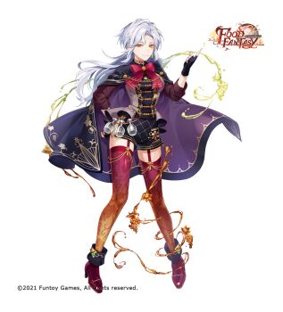 1girl ankle_boots black_cape black_gloves black_shorts blue_hair boots bow bowtie breasts brown_shirt buttons cape chain choker cocosuke copyright_name copyright_notice cup double-breasted drinking_glass earrings fingerless_gloves food food_fantasy food_print fruit fruit_print full_body garter_straps gloves gradient_legwear grape_print grapes grey_vest hand_on_own_hip highres hydrokinesis index_finger_raised jewelry liquid long_hair long_sleeves looking_at_viewer medium_breasts official_art orange_eyes orange_thighhighs print_thighhighs purple_cape red_boots red_bow red_bowtie red_thighhighs ribbon sherry_(food_fantasy) shirt short_shorts shorts simple_background smile solo standing thighhighs triangle_earrings two-sided_cape two-sided_fabric vest water white_background wine_glass