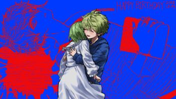 1boy 1girl :d absurdres amami_rantaro blue_background blue_hoodie character_request danganronpa_(series) danganronpa_v3:_killing_harmony dated dress green_hair happy happy_birthday hawai_chiwawa highres hood hood_down hoodie hug long_sleeves open_mouth short_hair smile white_dress