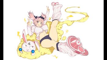 1girl absurdres bare_legs black_bow blue_buruma blue_eyes bow breasts buruma cloud covered_erect_nipples cross-shaped_pupils double_v hair_bow hands_up hibari_(senran_kagura) highres jacket large_breasts legs_up light_blush lightning_bolt_symbol medium_hair midriff navel ninto_(senran_kagura) non-web_source official_art on_cloud open_mouth partially_unzipped pillarboxed pink_hair rabbit senran_kagura senran_kagura_burst senran_kagura_burst_re:newal shoes short_twintails smile socks solo symbol-shaped_pupils track_jacket twintails v white_background white_jacket white_shoes white_socks yaegashi_nan yellow_clouds