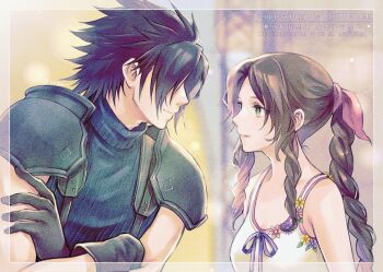 1boy 1girl aerith_gainsborough armor bare_shoulders black_gloves black_hair blue_sweater blurry blurry_background brown_hair closed_mouth commentary_request crisis_core:_final_fantasy_vii crossed_arms dress drill_hair drill_sidelocks final_fantasy final_fantasy_vii from_side gloves green_eyes hair_ribbon highres leaning_forward light_particles long_hair looking_at_another parted_bangs pink_ribbon ponytail profile quichi_91 ribbed_sweater ribbon shoulder_armor sidelocks sleeveless sleeveless_turtleneck smile suspenders sweater turtleneck turtleneck_sweater upper_body white_dress zack_fair