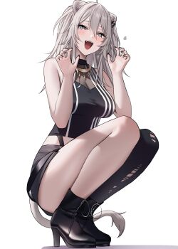 1girl :d absurdres ahoge animal_ear_piercing animal_ears bare_arms black_boots black_pantyhose black_shirt boots breasts claw_pose commentary_request crop_top cropped_shirt double-parted_bangs fangs full_body grey_eyes grey_hair hair_between_eyes hands_up high_heel_boots high_heels highres hololive large_breasts lion_ears lion_girl lion_tail long_hair messy_hair miniskirt open_mouth pantyhose see-through_cleavage see-through_clothes shirt shishiro_botan shishiro_botan_(1st_costume) simple_background single_leg_pantyhose skin_tight skirt sleeveless sleeveless_shirt smile solo squatting tail teeth torn_clothes torn_pantyhose two_side_up upper_teeth_only virtual_youtuber wanne white_background
