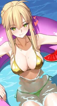 1girl absurdres ahoge artoria_pendragon_(fate) artoria_pendragon_(lancer)_(fate) bikini blonde_hair braid breasts cleavage crown_braid fate/grand_order fate_(series) food fruit gold_bikini hair_between_eyes heart highres large_breasts lifebuoy longdq3008 looking_at_viewer navel partially_underwater_shot pool sidelocks sitting solo swim_ring swimsuit water watermelon yellow_eyes