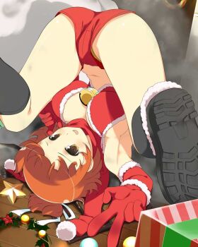 1girl bell bikini breasts brown_eyes card_(medium) chimney christmas fireplace fuma_(senran_kagura) fur-trimmed_bikini fur-trimmed_gloves fur_trim game_cg gift gloves hair_ribbon jingle_bell large_breasts medium_hair merry_christmas navel neck_bell official_alternate_costume official_art orange_hair panties panty_peek pantyshot red_bikini red_gloves ribbon sack santa_bikini santa_costume senran_kagura senran_kagura_new_wave smile solo star_ornament swimsuit top-down_bottom-up topknot underwear upside-down w yellow_panties
