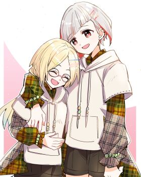 2girls :d ^_^ arm_around_neck black_shorts blonde_hair brown_shirt closed_eyes collared_shirt colorfulness_(love_live!) commentary_request cowboy_shot fang glasses grey_hair highres hood hood_down hoodie kanduki_kamibukuro layered_sleeves link!_like!_love_live! long_hair long_sleeves love_live! multicolored_hair multiple_girls open_mouth osawa_rurino parted_bangs plaid_clothes plaid_shirt red_eyes red_streaks shirt short_hair short_over_long_sleeves short_shorts short_sleeves shorts skin_fang smile standing streaked_hair too_many_hair_ornaments virtual_youtuber white_hoodie yugiri_tsuzuri