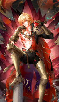 Rule 34 | 1boy, abs, arm tattoo, armlet, armored boots, bare pectorals, black coat, black pants, blonde hair, boots, braid, chest tattoo, clawed gauntlets, coat, commentary, earrings, english commentary, facial tattoo, gold earrings, gold necklace, gradient hair, head rest, highres, honkai: star rail, honkai (series), jewelry, male focus, medium hair, multicolored hair, mydei (honkai: star rail), necklace, open clothes, open coat, pants, pectorals, pouring, pouring onto self, red hair, red tattoo, rurisen (yaoihyper), side braid, solo, tattoo, toned, toned male, yellow eyes