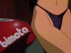 1990s_(style) 1girl animated anime_screenshot black_hair breasts brown_eyes collarbone golden_boy groin large_breasts lips lipstick long_hair looking_at_viewer makeup motor_vehicle motorcycle navel nipples no_bra panties retro_artstyle sound sport_motorcycle stomach subtitled tagme terayama_reiko thigh_gap thighs thong topless_female underwear video