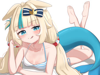 1girl absurdres ahoge akuruatsu alternate_costume animal_ear_fluff animal_ears barefoot bikini blonde_hair blue_bow blue_eyes blue_streaks bow cat_ears commentary eyebrows_hidden_by_hair feet fins fish_girl fish_tail flat_chest full_body hair_bow halterneck highres indie_virtual_youtuber lifebuoy_hair_ornament long_hair looking_at_viewer low_twintails lying multicolored_hair on_stomach paper_boat sameko_saba simple_background soles solo streaked_hair striped_bikini striped_clothes swimsuit symbol-only_commentary tail toes tongue tongue_out twintails very_long_hair white_background white_streaks