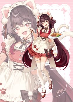 1girl :d absurdres alternate_costume animal_ears animal_print apron asahi_(vjss4548) black_bow bow brown_hair cat_ears cat_print cat_tail commentary_request detached_collar dot_nose fake_animal_ears food frills genshin_impact hair_between_eyes highres holding holding_plate holding_spoon hu_tao_(genshin_impact) legband looking_at_viewer maid maid_apron open_mouth orange_eyes paw_print plate smile spoon standing standing_on_one_leg tail thighhighs twintails white_apron