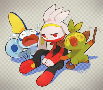 >_< :d blush checkered_background closed_eyes crying fang gen_8_pokemon grookey holding holding_stick kikuyoshi_(tracco) looking_at_viewer nintendo open_mouth pokemon pokemon_(creature) raboot red_eyes signature sitting smile sobble stick tears tongue