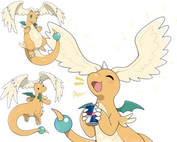 can colored_skin dragonite drink_can gen_1_pokemon head_wings highres holding holding_can horns mega_dragonite multiple_views nintendo open_mouth orange_skin pokemon pokemon_(creature) red_bull sarent_stuff simple_background single_horn solo tail white_background white_wings wings