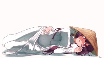 1girl absurdres ao_dai atelier_(series) atelier_sophie atelier_sophie_2 breasts commentary dress full_body hand_up hat highres large_breasts long_hair looking_at_viewer low_twintails mandarin_collar open_mouth pants purple_eyes purple_hair qmmparabellum ramizel_erlenmeyer rice_hat signature simple_background smile solo twintails very_long_hair white_background white_dress white_pants