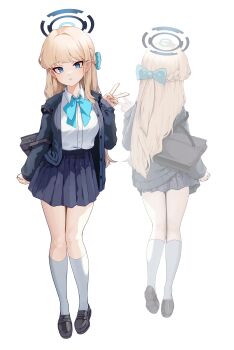 1girl absurdres aqua_bow bag black_bag blonde_hair blue_archive blue_eyes blue_halo blue_jacket blue_skirt blush bow bowtie braid collared_shirt commentary_request full_body hair_bow halo hand_up highres jacket kneehighs kraken_mikan loafers long_hair long_sleeves looking_at_viewer multiple_views open_clothes open_jacket parted_lips pleated_skirt school_bag school_uniform shirt shirt_tucked_in shoes simple_background skirt socks standing toki_(blue_archive) toki_(school_uniform)_(blue_archive) v white_background white_shirt white_socks