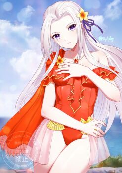1girl blue_sky blush breasts cape casual_one-piece_swimsuit cloud covered_navel edelgard_von_hresvelg edelgard_von_hresvelg_(summer) fire_emblem fire_emblem:_three_houses fire_emblem_heroes flower frilled_one-piece_swimsuit frills hair_flower hair_ornament hair_ribbon highres jewelry long_hair looking_at_viewer medium_breasts necklace nintendo ocean official_alternate_costume one-piece_swimsuit outdoors parted_lips purple_eyes red_one-piece_swimsuit ribbon side_cape single_bare_shoulder sky solo swimsuit sylphy_fe water white_hair