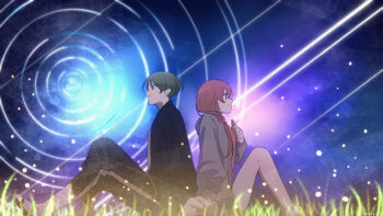 1boy 1girl bare_legs black_jacket blue_sky braid brown_hair commentary_request full_body grass grey_sweater hand_on_own_chest holding_hands interlocked_fingers jacket light_particles looking_away nebula night nocturnal_kids_(vocaloid) profile purple_eyes purple_sky red_hair rozu_ki sandals shooting_star short_hair sitting sky smile star_trail sweater twitter_username vocaloid