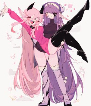 Rule 34 | 2girls, :d, ;d, absurdly long hair, alternate costume, black boots, black horns, black sweater, blue hat, blue skin, blush, boots, bottomless, breasts, carrying, carrying person, colored skin, earrings, eyelashes, eyepatch, eyes visible through hair, friday night funkin', full body, fur-trimmed boots, fur trim, genderswap, genderswap (mtf), hair between eyes, hair over one eye, hat, highres, horns, jewelry, large breasts, leg up, long hair, long sleeves, looking at viewer, multicolored skin, multiple girls, one eye closed, open mouth, outstretched arm, pink hair, pink skin, pink sweater, pointy ears, princess carry, purple boots, purple hair, ruvyzvat (friday night funkin'), sarvente (friday night funkin'), sidelocks, simple background, smile, solid eyes, standing, sweat, sweater, thigh boots, turtleneck, turtleneck sweater, usa37107692, very long hair, white background, white eyes, white skin