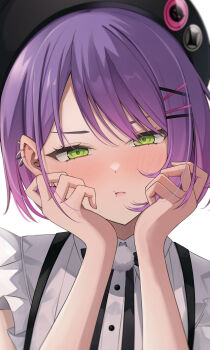 Rule 34 | 1girl, absurdres, aoba takeru, black hat, close-up, commentary request, ear piercing, earrings, gradient hair, green eyes, hair ornament, hairclip, hands on own cheeks, hands on own face, hat, highres, hololive, jewelry, looking at viewer, multicolored hair, multiple earrings, piercing, pink hair, pout, purple hair, shirt, short hair, solo, tokoyami towa, tokoyami towa (jirai kei), two-tone hair, virtual youtuber, white shirt