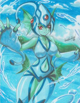 1girl absurdres bare_shoulders blue_one-piece_swimsuit blurry blurry_background breasts clothing_cutout colored_skin cowboy_shot digimon digimon_(creature) green_skin highres hip_vent large_breasts navel one-piece_swimsuit ranamon ravernclouk_design red_eyes solo stomach_cutout swimsuit