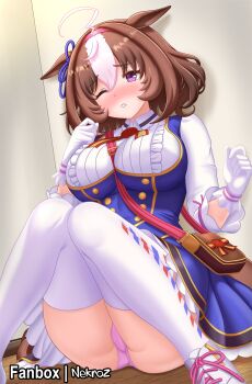 1girl absurdres ahoge animal_ears bag between_breasts blue_dress blush bow breasts brown_hair double-parted_bangs dress ear_ribbon gloves hair_between_eyes hairband headband highres horse_ears horse_girl horse_tail large_breasts long_sleeves medium_hair meisho_doto_(turbulent_blue)_(umamusume) meisho_doto_(umamusume) multicolored_hair nekroz7 one_eye_closed panties parted_lips pink_hairband pink_headband pink_panties purple_eyes shoulder_bag sitting solo strap_between_breasts tail thighhighs two-tone_hair umamusume underwear white_dress white_gloves white_hair white_thighhighs