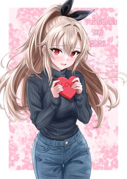 Rule 34 | 1girl, :d, absurdres, alternate breast size (larger), alternate costume, artist logo, artist name, black ribbon, black sweater, blue pants, blush, border, box, breasts, brown eyes, commentary, denim, english commentary, english text, eydis (sao), eyelashes, floating hair, floral background, gift, hair between eyes, hair ribbon, hands up, happy valentine, heart-shaped box, high ponytail, highres, holding, holding gift, jeans, large breasts, logo, long hair, long sleeves, messy hair, mixed-language commentary, open mouth, outside border, pants, phanuchan, pink background, ponytail, red eyes, ribbed sweater, ribbon, signature, smile, solo, standing, sweater, sword art online, sword art online: alicization, sword art online: unleashed blading, thigh gap, turtleneck, turtleneck sweater, valentine, watermark, white border, wide hips