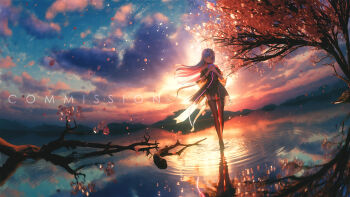 Rule 34 | 1girl, black thighhighs, blue eyes, blue hair, cloud, commentary, commission, date a live, english commentary, falling petals, hair ornament, highres, izayoi miku, long hair, looking at viewer, mountainous horizon, mr ito, outdoors, petals, reflection, scenery, school uniform, skirt, solo, standing, thighhighs, tree