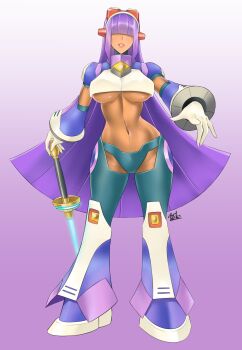 1girl absurdres android axelnekokitty blunt_bangs breasts dark-skinned_female dark_skin energy_blade gesture gradient_background hair_over_eyes highres hime_cut layer_(mega_man) long_hair mega_man_(series) mega_man_x_(series) mole mole_under_eye navel parted_lips purple_background purple_hair robot_ears simple_background smile solo underboob very_long_hair