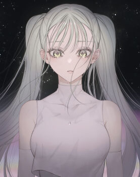 1girl absurdres aegyo_sal arms_at_sides bare_shoulders black_background breasts colored_eyelashes commentary_request crying crying_with_eyes_open elbow_gloves eyelashes facing_viewer gloves green_eyes green_hair hair_behind_ear hatsune_miku highres light_particles lips long_hair looking_down medium_breasts oguraazuki186 pale_skin parted_lips shirt simple_background sleeveless sleeveless_shirt sleeveless_turtleneck solo straight-on tears turtleneck turtleneck_shirt twintails upper_body vignetting vocaloid white_gloves white_shirt wispy_bangs yowamushi_mont-blanc_(vocaloid)