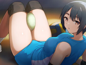 1girl ball between_thighs black_hair blue_shirt blue_shorts breasts brown_eyes commentary_request hashi looking_back lying on_back original shirt short_hair short_shorts shorts solo sportswear thighs volleyball_(object) volleyball_uniform