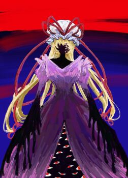 Rule 34 | abstract background, absurdres, adapted costume, blonde hair, dress, extra eyes, gap (touhou), hair ribbon, hat, hat ribbon, highres, long hair, melting, mob cap, omaega chan, painterly, puffy short sleeves, puffy sleeves, purple dress, ribbon, short sleeves, surreal, touhou, two-tone background, very long hair, yakumo yukari