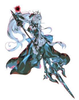 1girl absurdres black_bow black_dress black_tiara blue_eyes bow braid breasts cleavage commentary dress english_commentary fate/grand_order fate_(series) full_body grey_hair hair_bow half_up_braid highres large_breasts long_hair long_sleeves morgan_le_fay_(fate) morgan_le_fay_(third_ascension)_(fate) ponytail simple_background solo spikes staff tiara two-tone_dress vincent_graphic_art white_background wide_sleeves