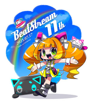 1girl animal_ears anniversary beatstream bemani bisco_(beatstream) black_shoes commentary_request copyright_name dated fake_animal_ears full_body green_eyes kumano_sakunosuke long_hair open_mouth outstretched_arms rainbow shirt shoes skirt solo spread_arms twintails twitter_username white_shirt wrist_cuffs