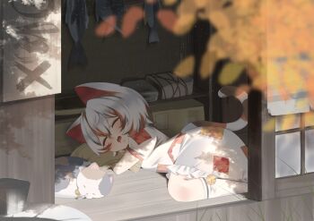 1girl absurdres animal animal_ears bell brown_streaks calico_(pattern) calico_cat cat cat_ears cat_girl cat_tail closed_eyes commentary dress drooling from_outside goutokuji_mike highres hugging_object jingle_bell kneehighs mouth_drool multicolored_hair no_noru on_floor open_mouth orange_streaks patchwork_clothes pillow pillow_hug puffy_short_sleeves puffy_sleeves short_hair short_sleeves sleeping socks solo streaked_hair tail touhou wavy_mouth white_dress white_hair white_socks