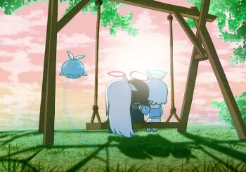 3girls arona_(blue_archive) blue_archive blue_hair blue_halo blue_shirt bow_hairband from_behind hairband halo hand_on_another's_back highres light_blue_hair long_hair multiple_girls ohitome_kohane on_swing plana_(blue_archive) project_kv red_halo shirt sitting sunset swing swing_set whale white_hairband yukko_(hcryh955)