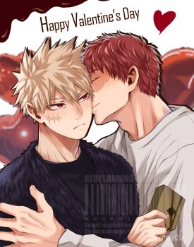 Rule 34 | 2boys, bakugou katsuki, balloon, black shirt, blonde hair, boku no hero academia, box, closed eyes, closed mouth, commentary request, double-parted bangs, facial scar, frown, hand on another's shoulder, happy valentine, heart, heart balloon, highres, holding, holding box, kiss, kissing cheek, long sleeves, looking to the side, male focus, multicolored hair, multiple boys, red eyes, red hair, salt - siomsb, scar, scar across eye, scar on cheek, scar on face, shirt, smile, spiked hair, split-color hair, todoroki shoto, valentine, watermark, white hair, white shirt, yaoi