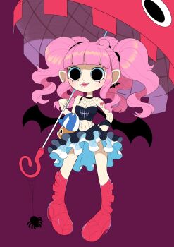 Rule 34 | 1girl, absurdres, arm tattoo, bat tattoo, black eyes, black wings, boots, bug, commentary, eyelashes, fangs, frilled skirt, frills, full body, highres, holding, holding umbrella, kumacy, martinsdmelo, midriff, navel, one piece, perona, pink hair, purple background, quad tails, sidelocks, simple background, skirt, solo, spider, tattoo, umbrella, wings