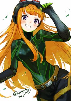 1girl blush bodysuit commentary_request floating_hair goggles goggles_on_head green_bodysuit grin highres kanna_nijiniji long_hair looking_at_viewer oracle_(persona_5) orange_hair persona persona_5 purple_eyes sakura_futaba simple_background smile solo teeth twitter_username very_long_hair white_background