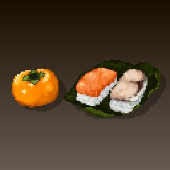 brown_background commentary_request fish_(food) food food_focus fruit gradient_background grey_background hisachan55cute leaf no_humans original persimmon pixel_art rice sushi