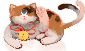 Rule 34 | angela he, animal focus, bell, blue eyes, cat, eye reflection, highres, looking at viewer, multiple tails, no humans, non-web source, official art, one-eyed, paw up, reflection, ribbon, tail, transparent background, you left me