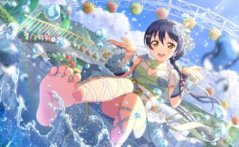 Rule 34 | 1girl, barefoot, blue hair, braid, day, dutch angle, feet, flower, foot out of frame, foreshortening, game cg, green kimono, hair bun, hair flower, hair ornament, hands up, highres, japanese clothes, jewelry, kimono, looking at viewer, love live!, love live! school idol festival 2, love live! school idol project, official art, open mouth, outdoors, ring, sitting, sleeveless, sleeveless kimono, smile, soles, solo, sonoda umi, splashing, third-party source, toes, water, water drop, x hair ornament, yellow eyes