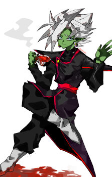 1boy absurdres black_bodysuit black_pants blood blood_on_shoes blue_eyes bodysuit boots colored_skin cup dragon_ball dragon_ball_super earrings fused_zamasu green_skin highres holding holding_cup jewelry liquid long_sleeves looking_to_the_side nantekotti pants pointy_ears potara_earrings red_sash sash smile solo spiked_hair teacup white_boots white_hair