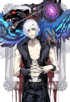 1boy bird black_eyes black_pants cane cover cover_art cover_page crow devil_may_cry_(series) devil_may_cry_5 dripping framed griffon_(devil_may_cry_5) highres looking_at_viewer male_focus manga_cover nightmare_(devil_may_cry) ogata_tomio panther pants shadow_(devil_may_cry_5) shirt sleeveless sleeveless_shirt v_(devil_may_cry) white_background white_hair