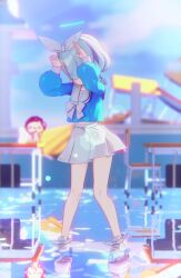 &gt;_&lt; +_+ @_@ animated arona_(blue_archive) audible_music blue_archive blue_eyes blue_hair child confused dancing full_body halo happy heart miniskirt multiple_expressions school_uniform sexually_suggestive skirt sound tagme video