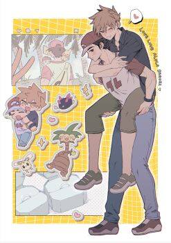 Rule 34 | 2boys, alolan exeggutor, alolan form, baseball cap, black shirt, blue oak, blue pants, border, brown eyes, brown hair, capri pants, carrying, carrying person, chibi, collared shirt, commentary request, cutiefly, denim, gen 1 pokemon, gen 7 pokemon, hat, highres, jeans, male focus, multiple boys, multiple views, nintendo, one eye closed, open collar, outdoors, palm tree, pants, piggyback, pikachu, pk rgr96, pokemon, pokemon (creature), pokemon sm, print shirt, pyukumuku, red (pokemon), red hat, shirt, shoes, short hair, short sleeves, spiked hair, standing, tree, v, walking, white border, wristband