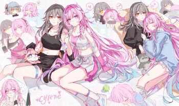 2girls absurdres alternate_costume bare_shoulders braid breasts character_name chibi chinese_commentary cleavage closed_mouth commentary_request cyrene_(anta)_(honkai:_star_rail) cyrene_(demiurge)_(honkai:_star_rail) cyrene_(honkai:_star_rail) fingerless_gloves gloves grey_hair highres honkai:_star_rail honkai_(series) long_hair looking_at_another looking_at_viewer mem_(honkai:_star_rail) midriff multiple_girls multiple_views navel official_alternate_costume parted_bangs pink_gloves pink_hair pointy_ears shoes simple_background single_glove smile socks spoken_zzz stelle_(honkai:_star_rail) symbol-shaped_pupils thigh_strap trailblazer_(honkai:_star_rail) white_shoes white_socks yajuu yellow_background zzz