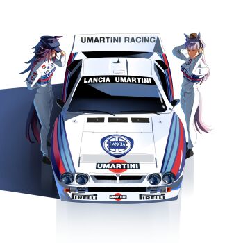 Rule 34 | 2girls, animal ears, black hair, blunt bangs, bow, breasts, brown hat, car, closed mouth, ear bow, ear ribbon, ears through headwear, fenomeno (umamusume), flipped hair, gold ship (umamusume), grey hair, hat, highres, horse ears, horse girl, horse tail, jumpsuit, lancia (brand), large breasts, long hair, long sleeves, medium breasts, motor vehicle, multicolored hair, multiple girls, parted lips, peaked cap, pillbox hat, purple bow, purple eyes, purple hair, racing suit, sweatdrop, tail, toyeeta prius, umamusume, white jumpsuit, white racing suit