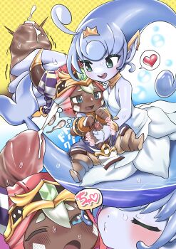 1boy 1girl absurdres age_difference blue_skin blush colored_skin cum cum_on_body cum_on_hands dark-skinned_male dark_skin ejaculation erection ever_oasis fake_horns fins fish_tail foreskin handjob heart hetero highres horned_headwear horns isuna_(ever_oasis) mermaid monster_girl o3o onee-shota penis pointy_ears sequential shota spoken_heart tail tethu tory_(tory29) turban