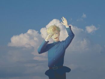 Rule 34 | 1boy, belt, black belt, black pants, blonde hair, blue eyes, blue jacket, chi.: chikyuu no undou ni tsuite, cloud, cloudy sky, commentary request, cowboy shot, gold buttons, hair between eyes, hand up, highres, jacket, looking at viewer, male focus, open mouth, pants, parted bangs, rafal (chi.), short hair, sky, smile, solo, swept bangs, tamanae