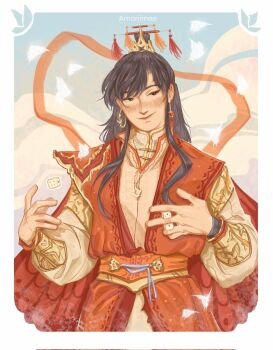 1boy alternate_costume alternate_universe amonimy animal_print belt black_eyes black_hair blue_sky border bracer bug butterfly butterfly_print chinese_clothes closed_mouth day dice earrings glowing_butterfly gold hair_ornament hanfu high_collar highres holding holding_dice hua_cheng insect jewelry long_hair long_sleeves looking_at_viewer male_focus red_hanfu red_ribbon red_robe ribbon robe sky smile solo standing tassel tassel_hair_ornament tianguan_cifu upper_body white_border white_butterfly white_robe xiao_guan_(headdress)