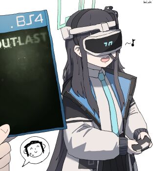 1boy 1girl absurdres aqua_necktie aris_(blue_archive) artist_name black_hair blue_archive commentary controller doodle_sensei_(blue_archive) game_controller halo head-mounted_display highres holding holding_controller holding_game_controller jacket kai_xin musical_note necktie one_side_up outlast pov pov_hands sensei_(blue_archive) shirt spoken_expression sweatdrop two-sided_fabric two-sided_jacket white_jacket white_shirt
